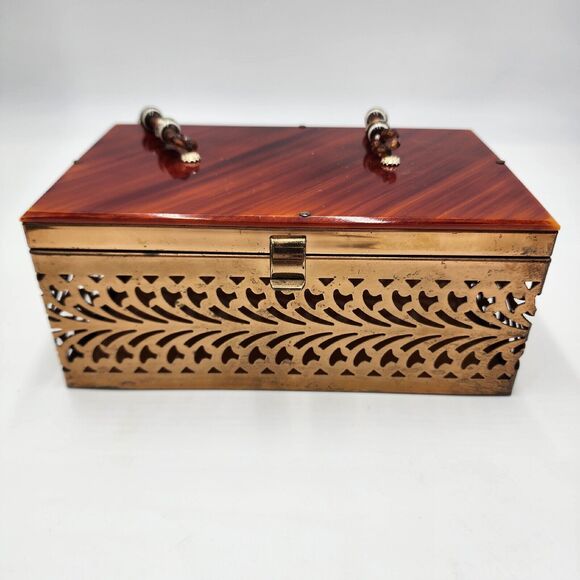 Vintage 1950's Tortoiseshell Amber Color Lucite Brass Filigree Box Purse Beaded - Picture 2 of 13